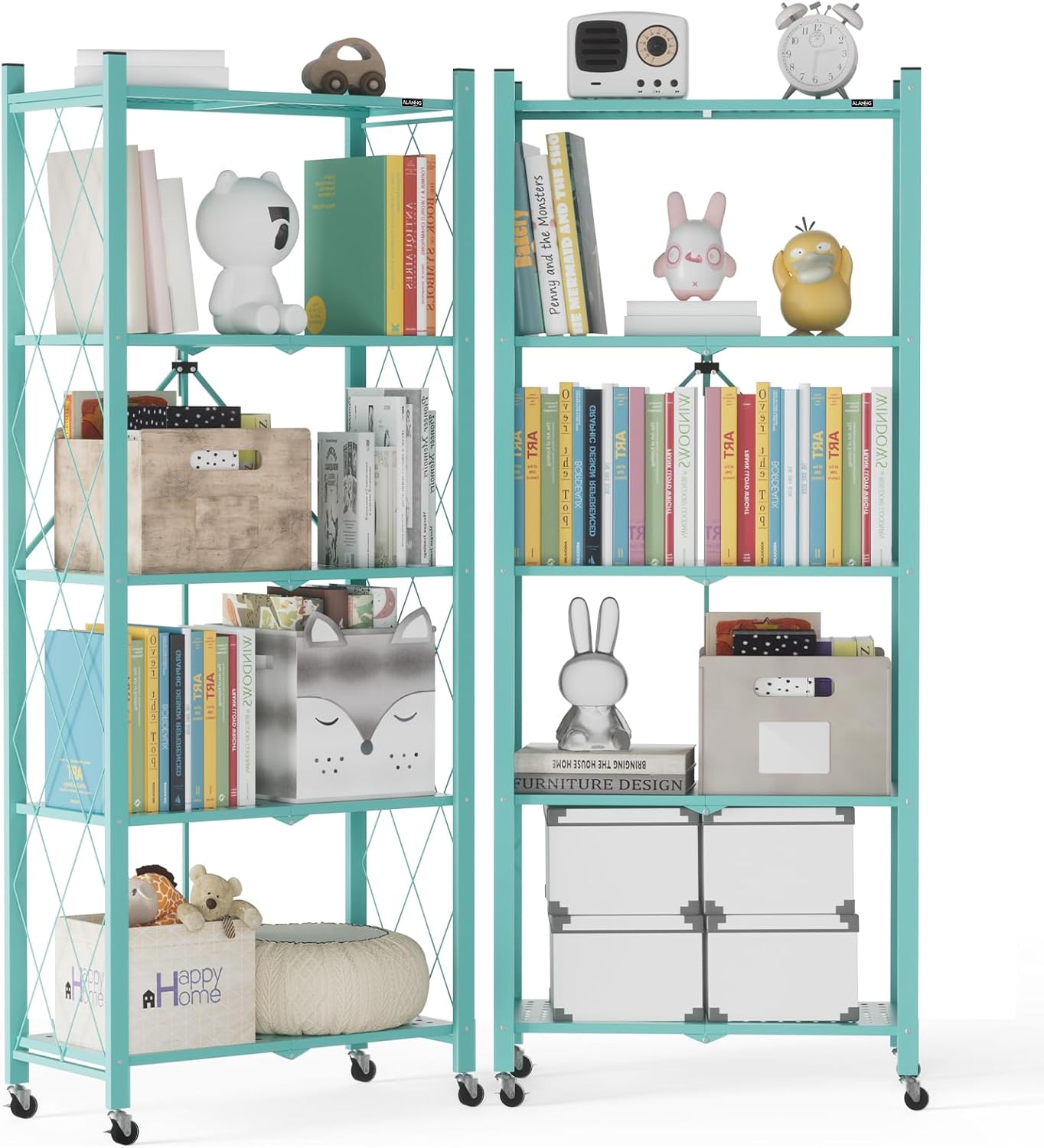 ALANNG 2-Pack Folding Bookshelf on Wheels, Cute Rolling Shelves for Bedroom, Colorful Storage Cart for Kids Rooms, Nursery, No Assembly Metal Book Shelf (5 Tier, Mint Green)