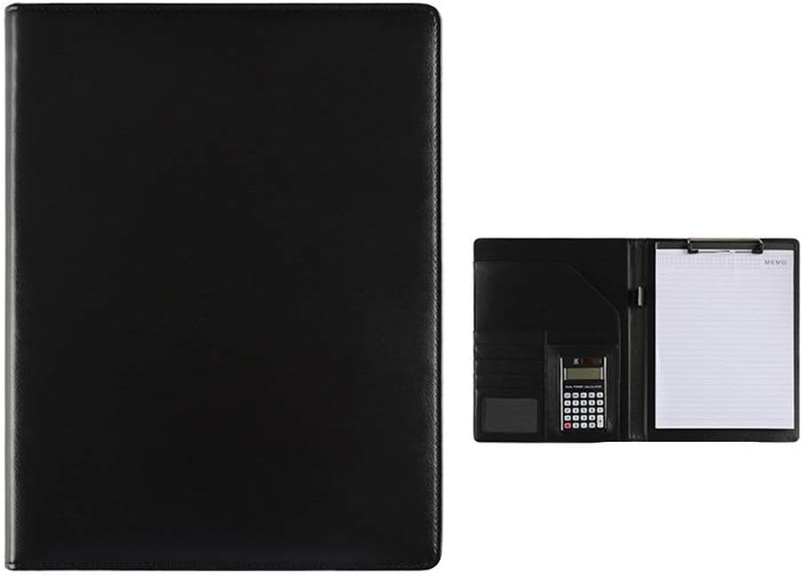 HFZJYSHN Portfolio Binder Conference Folder A4 Resume Folder Leather Interview Writing Legal Pad File Manager with Calculator Pockets for Office Work(Black)