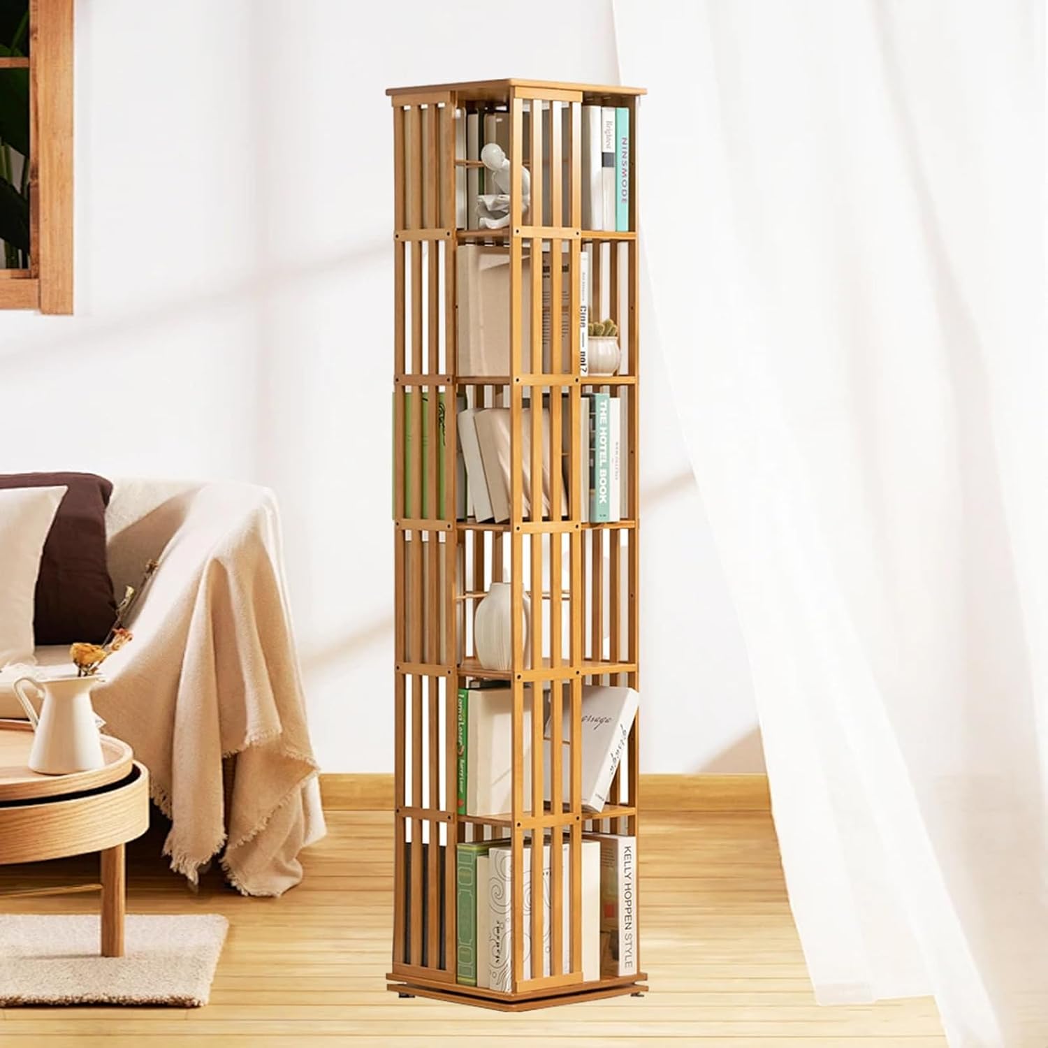 6 Tier Floor Standing Bookcase, 360 Degree Rotating Bookshelf Tower, Bamboo Rotating Storage Display Rack Standing Shelves for Living Room Home and Office,Original