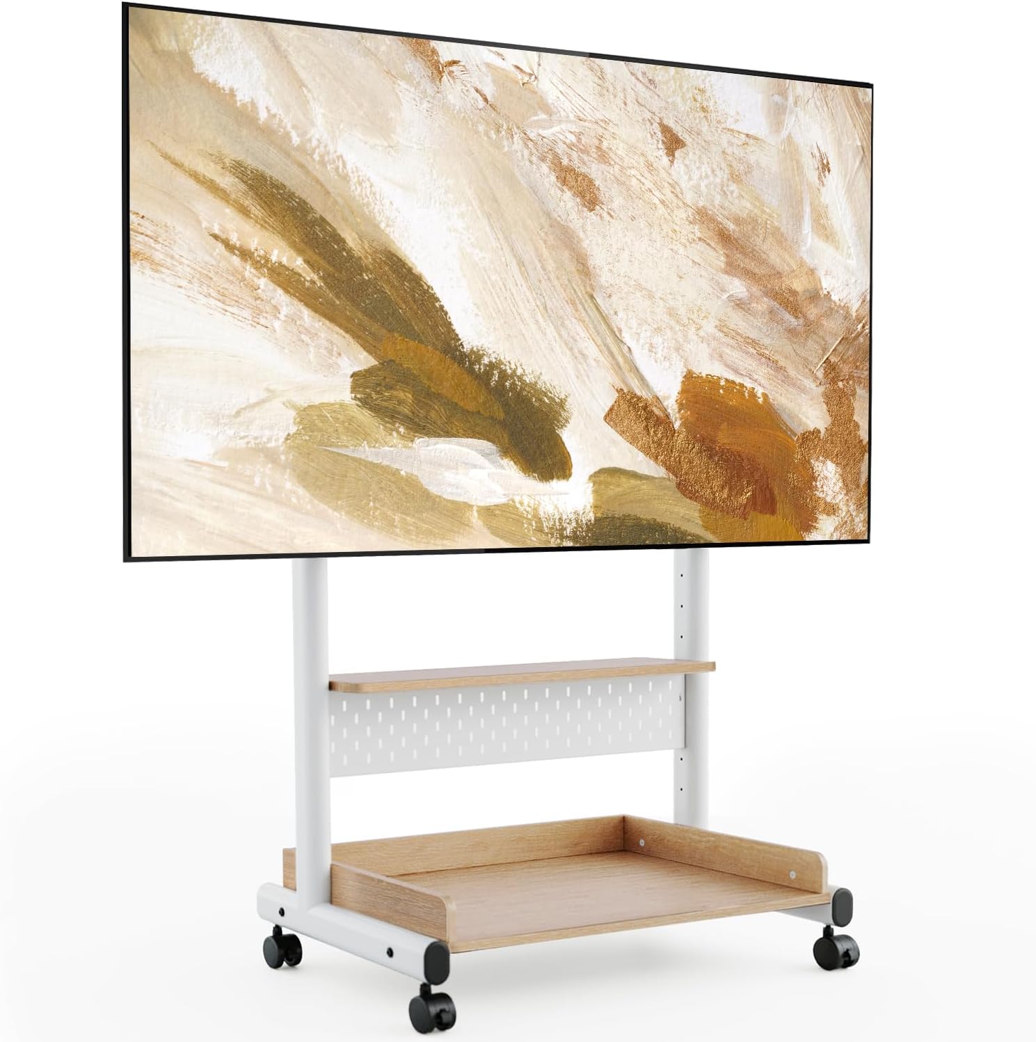 FITUEYES Rolling TV Stand Mount for 40 to 85 TVs，Mobile TV Floor Stand on Wheels with Large Storage Pegboard & Wooden Shelf,Heavy Duty TV Cart Hold Up to 132 lbs for Bedroom, Living Room, Office