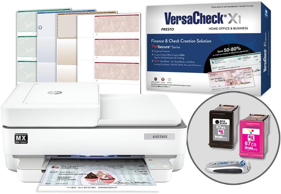 VersaCheck HP Envy 6455 MXE All-in-One MICR Printer Check Presto Printing Software Bundle, White