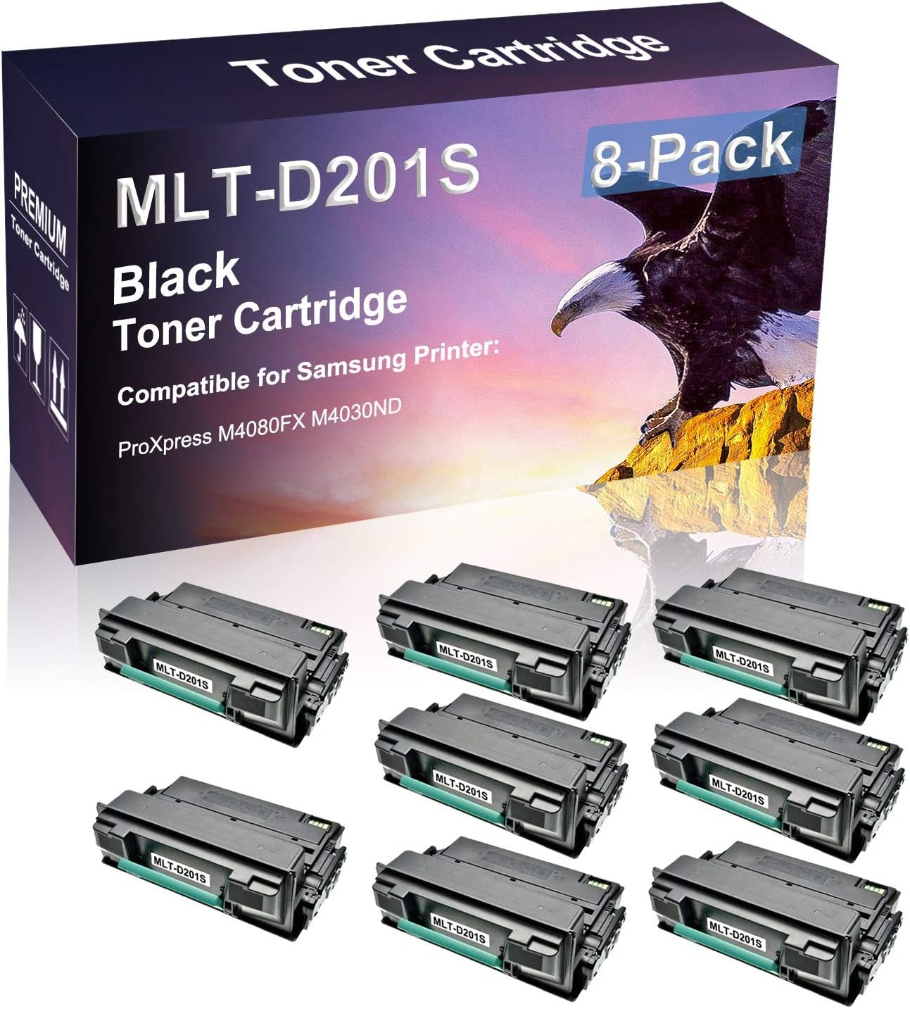 8 Pack (Black) Compatible Laser Printer Cartridge (High Yield) Replacement for Samsung D201S MLT-D201S Imaging Cartridge use for Samsung ProXpress M4080FX M4030ND Printer