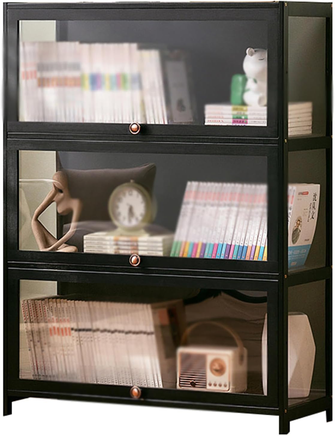 LOKORI 3-Tier Bookcase with Acrylic Cabinet Door,Modern Minimalist Bookshelf Display Storage Shelves,Freestanding Bookcase for Bedroom, Living Room,80cm