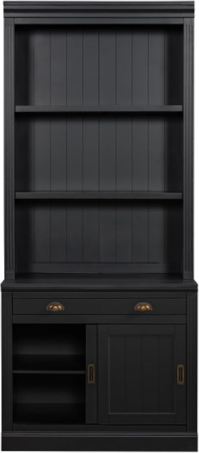 LEJUNMEISS Bookshelf 3-Tier Open Shelves Bookcase Sliding Doors Drawer Storage Display Cabinet for Living Library Home Office