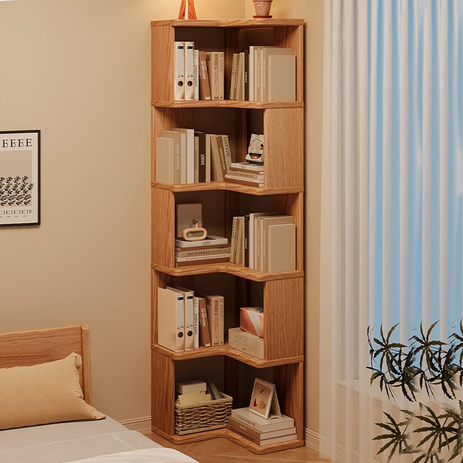 Zhsukva Corner Multi-Layer Storage Bookcase Floor-Standing Bookshelf Wood Storage Rack Small Footprint