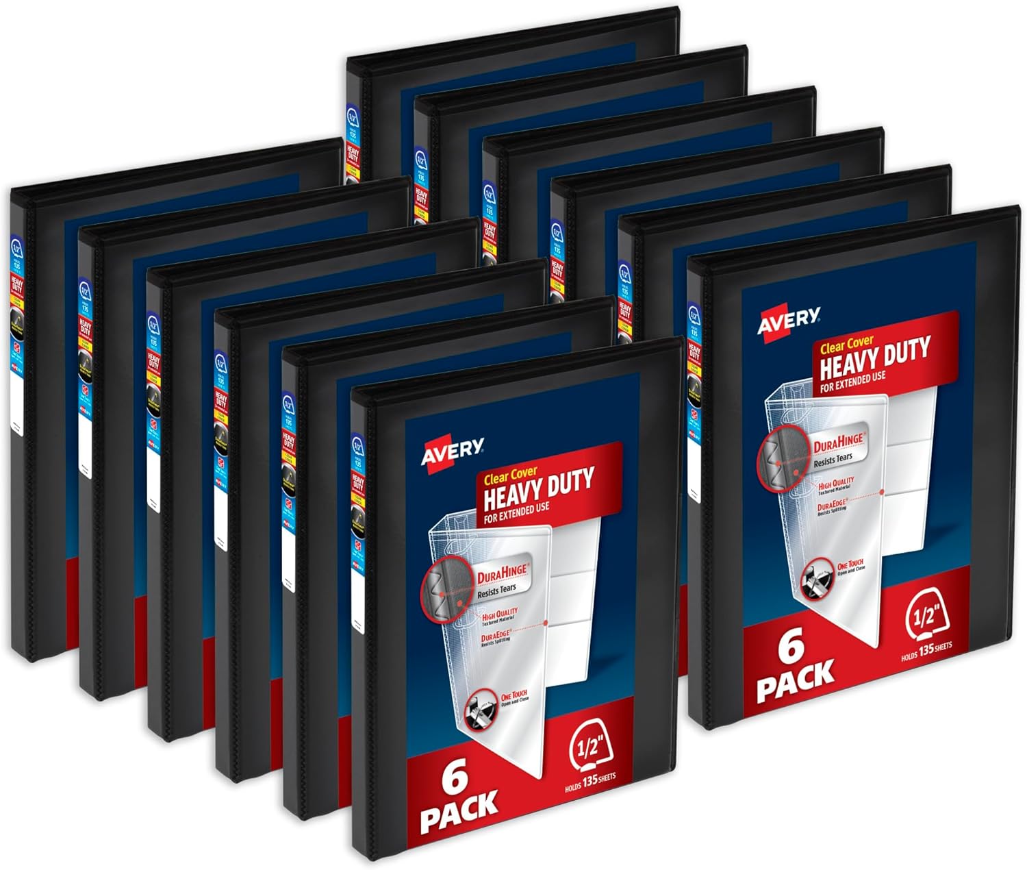 Avery Heavy-Duty View 3 Ring Binders, 0.5 Inch One Touch Slant Rings, 135-Sheet Capacity, DuraHinge, 0.7 Inch Wide Spine, Customizable Clear Cover and Spine, Black Binders (12-Pack of 79766)