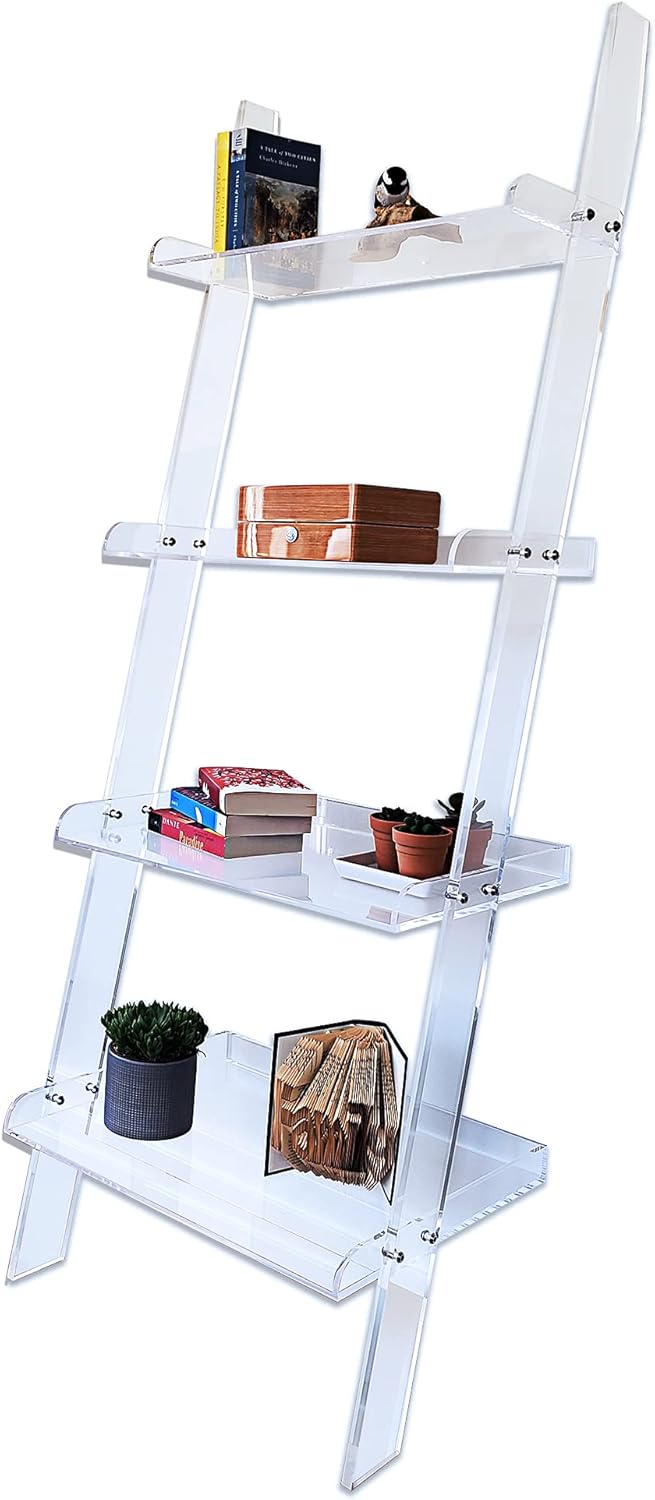 Acrylic Ladder Bookcase Wall Leaning Shelves – Large & Robust Modern Clear Floating Bookshelf - Decor Display for Open Shelving, Organizer, or Storage in the Living Room, Office, Bedroom, or Bathroom
