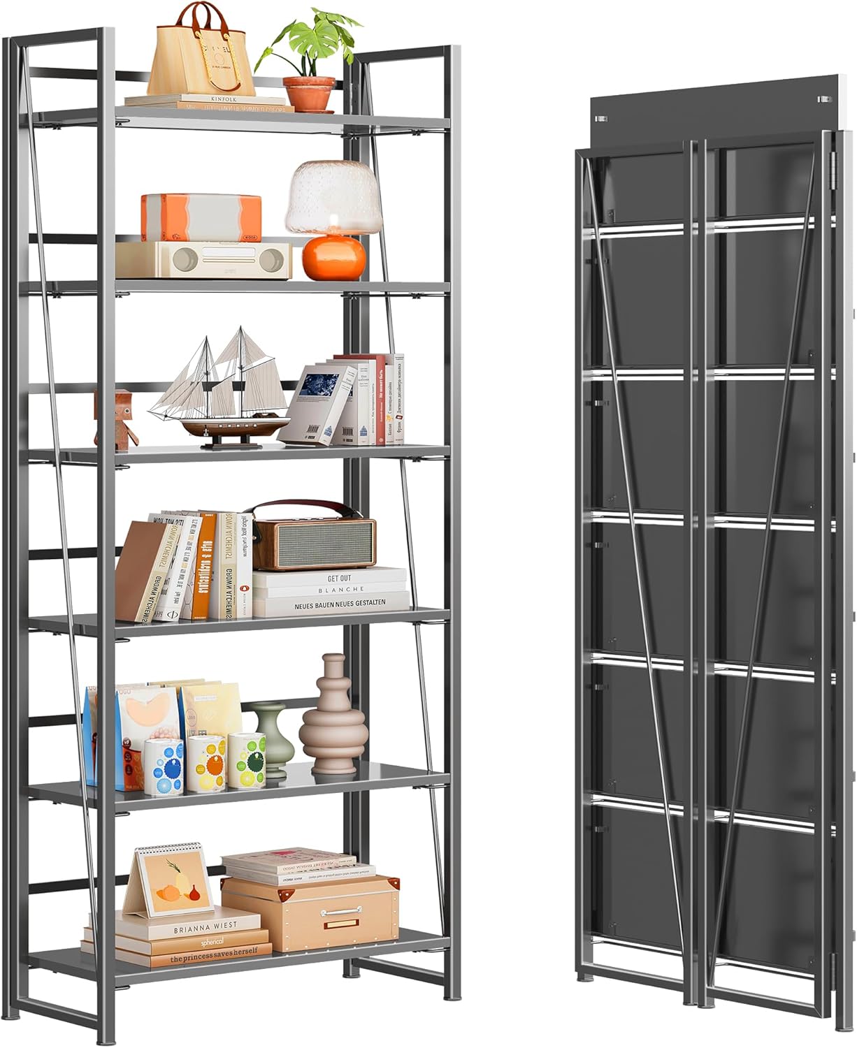 4NM No Assembly Folding Bookshelf, 6-Shelf 74