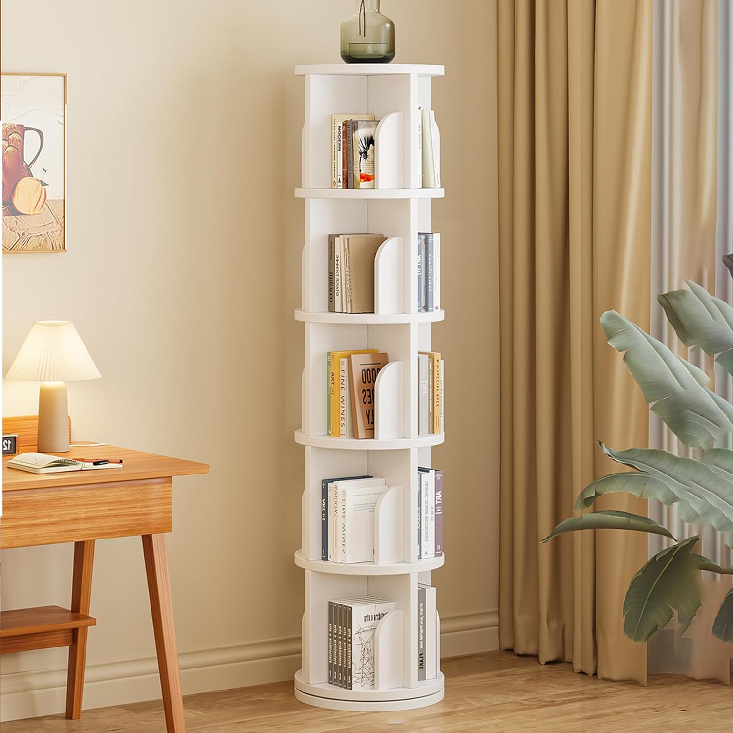 VIBRFURE Solid Wood Rotating Bookshelf, Spinning Bookshelf Tower, 360 Display Spinning Bookcase, Floor Standing Book Shelf Storage Rack for Bedroom Livingroom Kids & Adults (White, 5 Tier)
