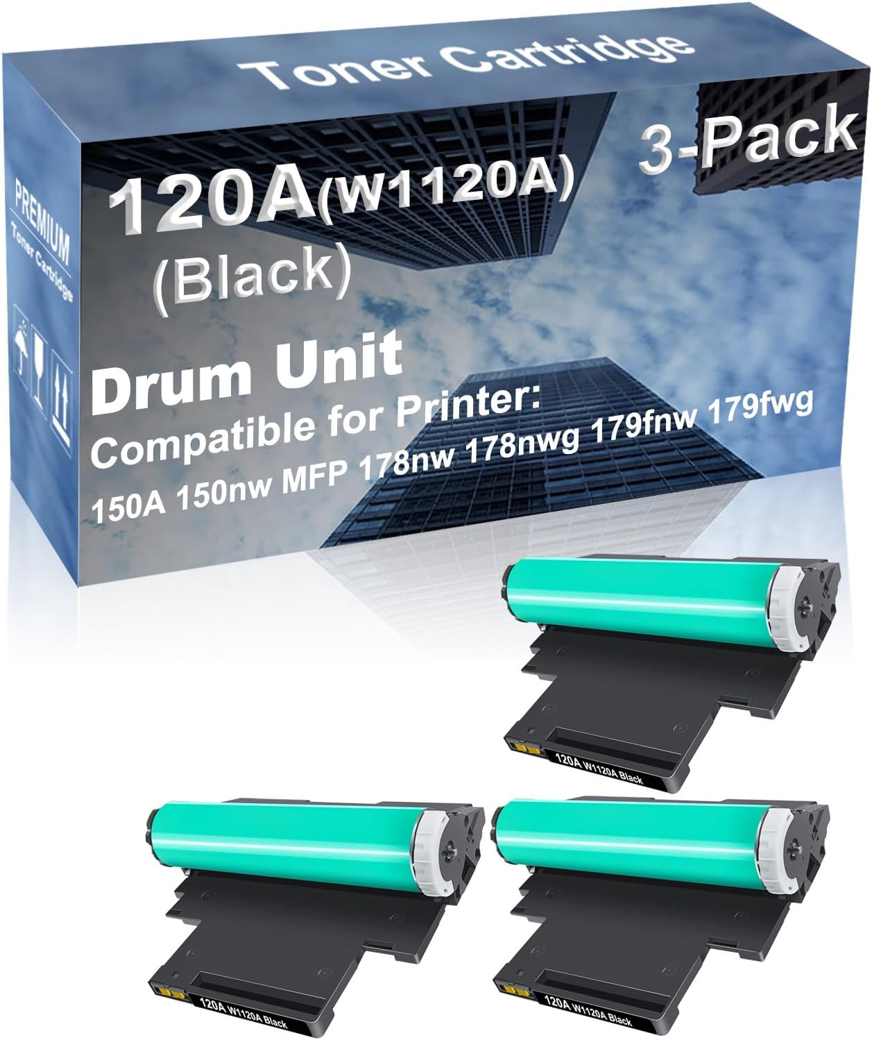3-Pack (Black) Compatible 150A 150nw MFP 178nw 178nwg 179fnw 179fwg Printer Drum Unit Replacement for 120A W1120A Drum Kit