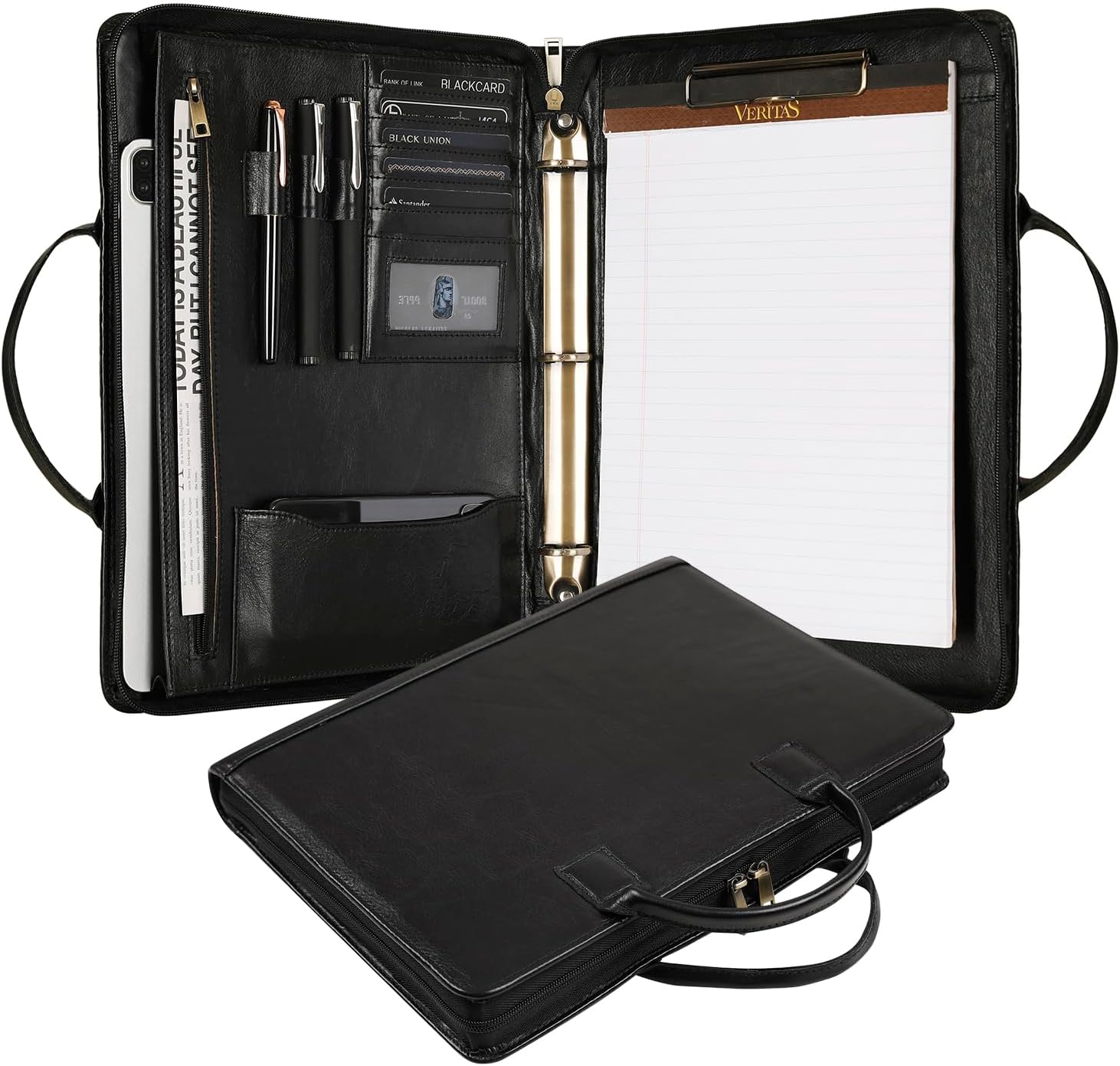 Leather Portfolio Binder with Clipboard, Letter Size Notepad Padfolio with Handle, Work Portfolio Organizer for Men, Oil Black, Non-Custom