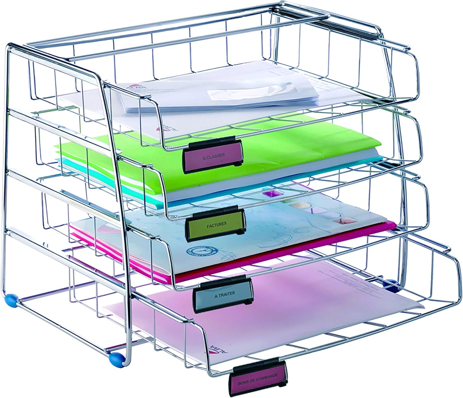 Alba Four-Level Side Loading Wire Desktop Letter Sized Trays, with Label Holders, Silver Metallic Finish (COR4I)