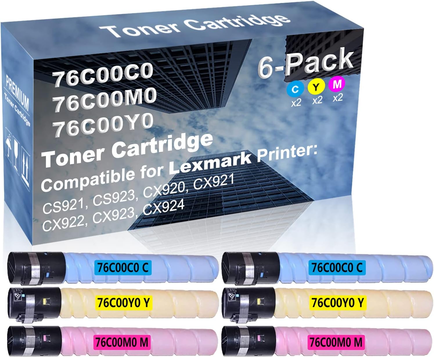 6-Pack (2C+2Y+2M) Compatible High Yield 76C00C0+ 76C00Y0+ 76C00M0 Laser Printer Toner Cartridge Used for CX923, CX924 Printer