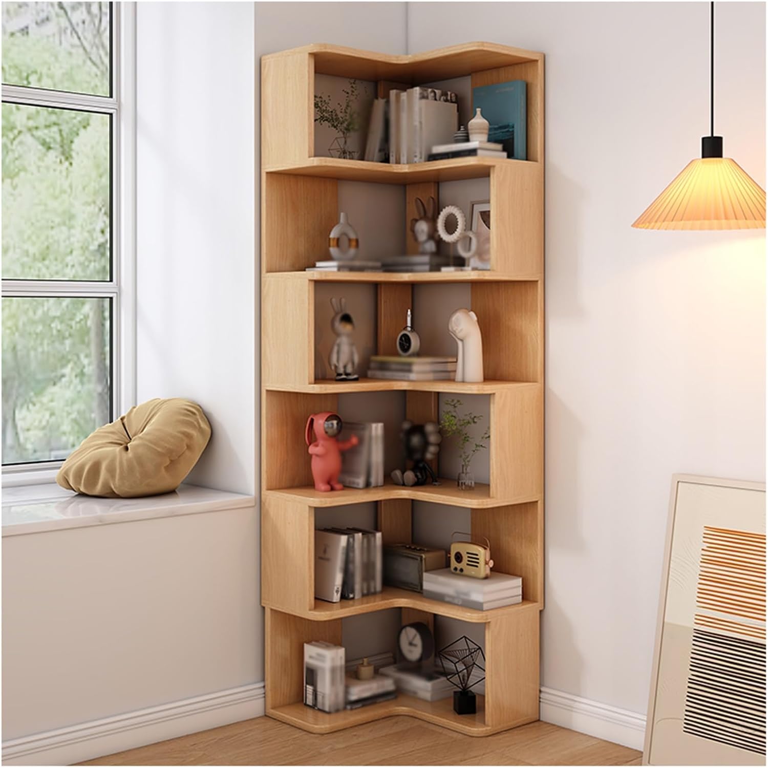ZFUCMAYL Corner Bookshelf,Bookcase with Baffles Etagere Shelf Storage Rack,7 Tiers Corner Bookshelf for Small Space Study Room Living Room Office(Beige,6-Tiers)