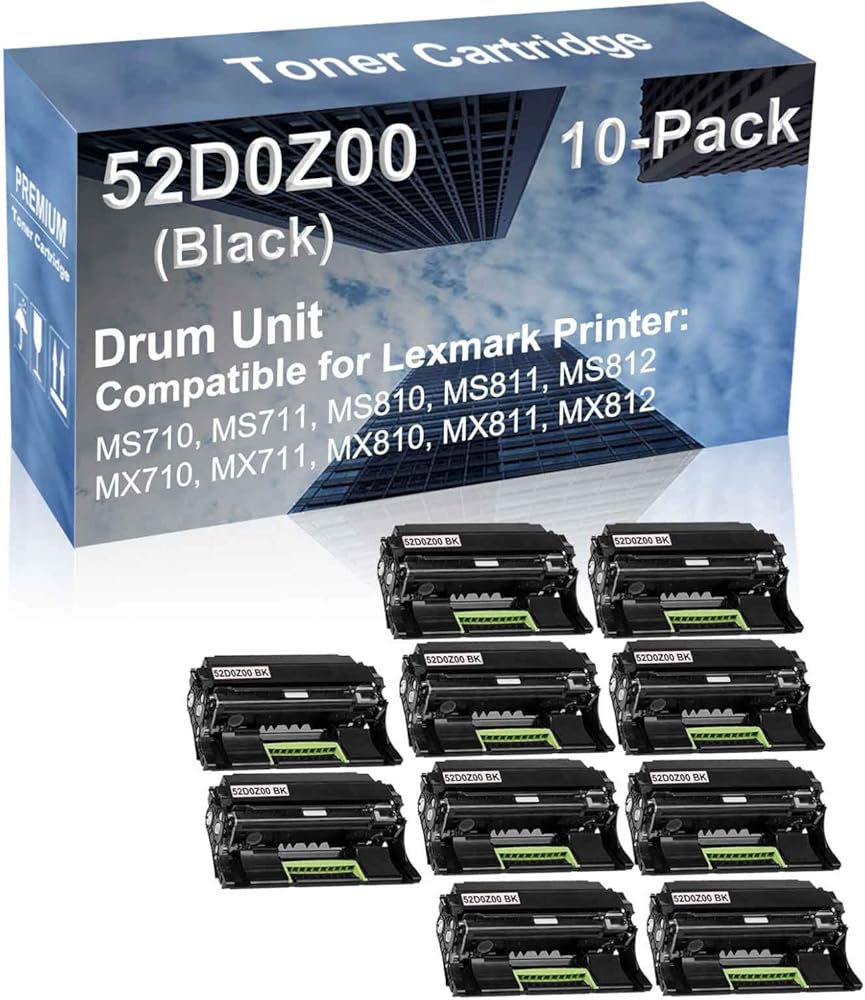 10-Pack (Black) Compatible MS812, MX710, MX711 Printer Drum Unit Replacement for Lexmark 52D0Z00 Drum Kit
