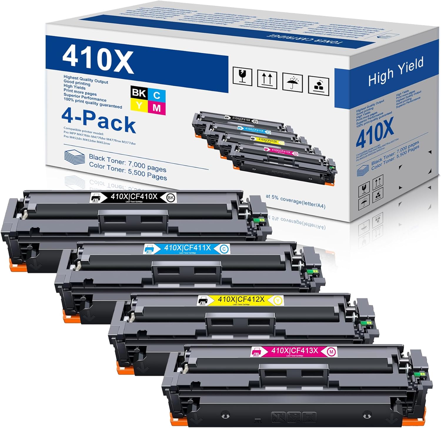 410X High Yield Toner Cartridge Replacement for HP 410X CF410X CF411X CF412X CF413X Toner Cartridge Color Pro MFP M377 Series M477 Printer(Black, Cyan, Magenta, Yellow)| CF410XQ (4-Pack)