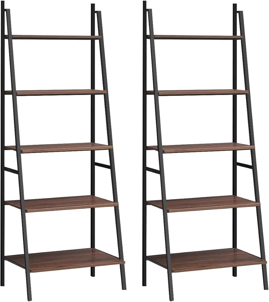 LDAILY Ladder Shelf, 5 Shelf Modern Industrial Bookcase, Large Capacity Storage Rack with Metal Frame, Bookshelf for Home Office Living Room, Plant Flower Stand for Balcony, Rustic Brown (2)