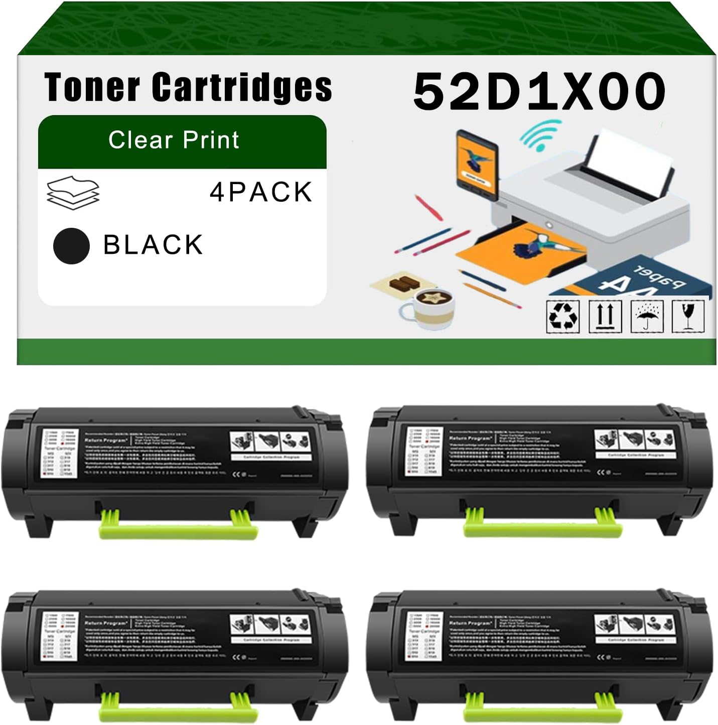 Compatible for Lexmark 52D1X00 Toner Cartridges MS711dn MS811dn MS811dtn MS811n MS812de MS812dn MS812dtn Printers, High Yield 55000 Pages Bright Clear Colors (4 Pack Black)