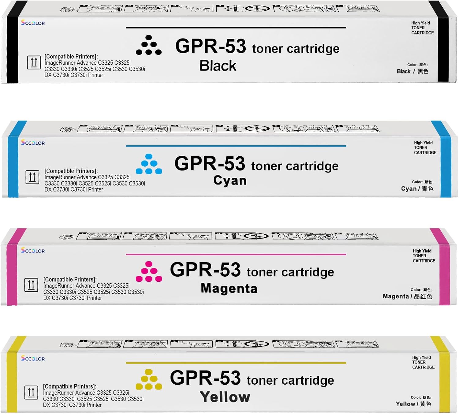 High Capacity GPR53 GPR-53 Toner Cartridge Black Cyan Yellow Magenta Toner Replacement for Canon ImageRunner Advance C3325 C3325i C3330 C3330i C3525 C3525i C3530 C3530i DX C3730i C3730i Printer