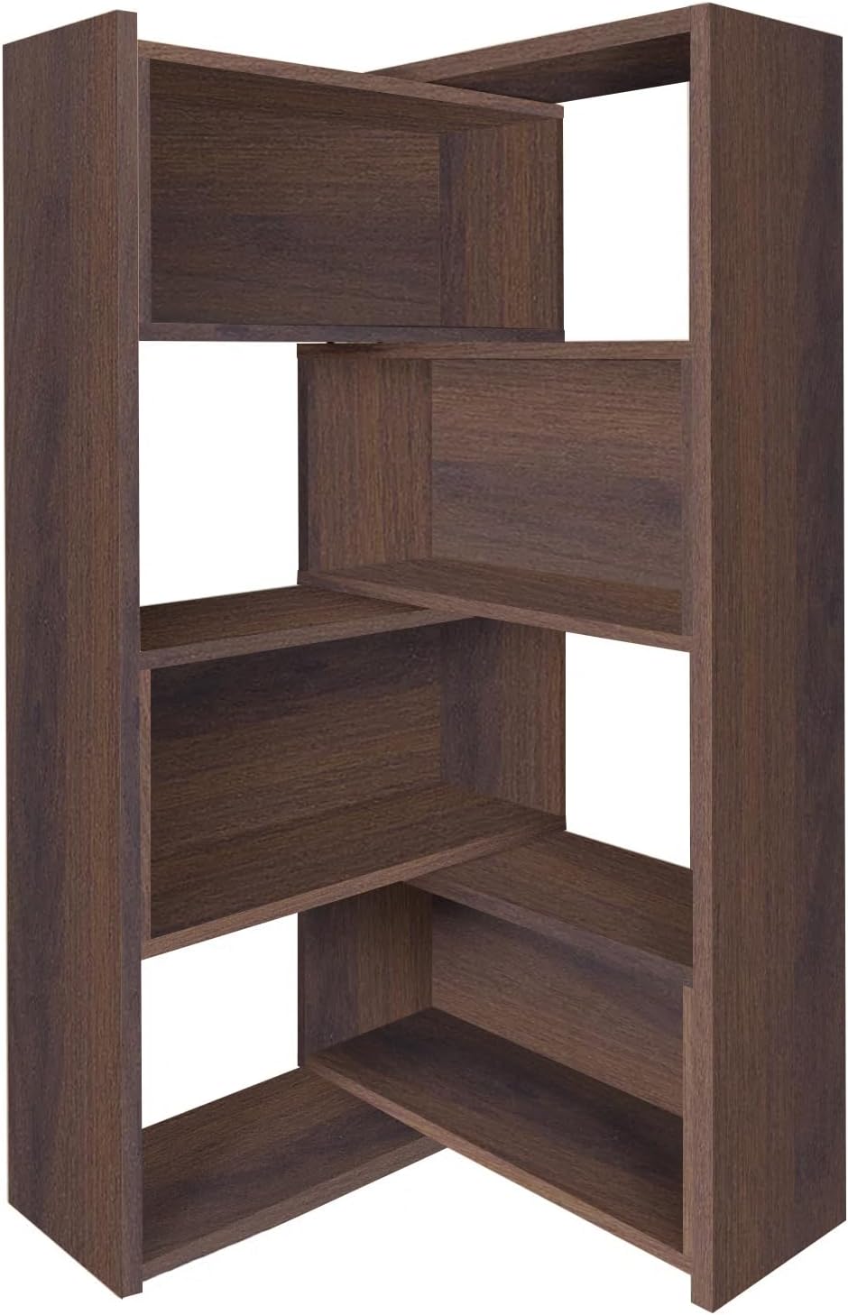 Expandable 3-in-1 Bookcase, Adjustable Width Wooden Bookshelf with 4-Tier Storage, Convertible Corner & Straight Shelf Organizer, Modern Space-Saving Display Rack for Liv Walnut 31.5