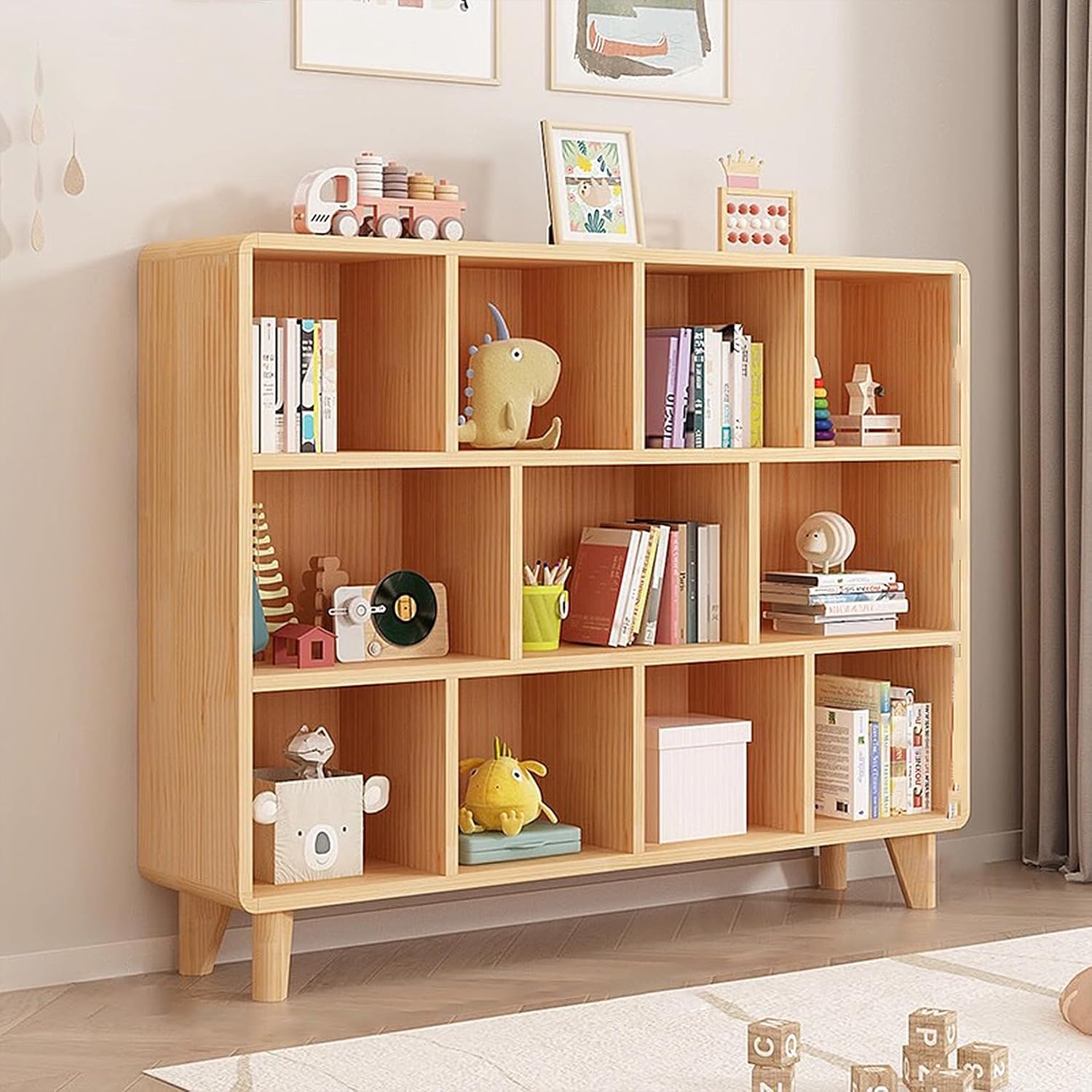 Modern Bookcase Storage Organizer, Open Floor Cabinet, Multiple Shelves, Closed Back, Wood (63