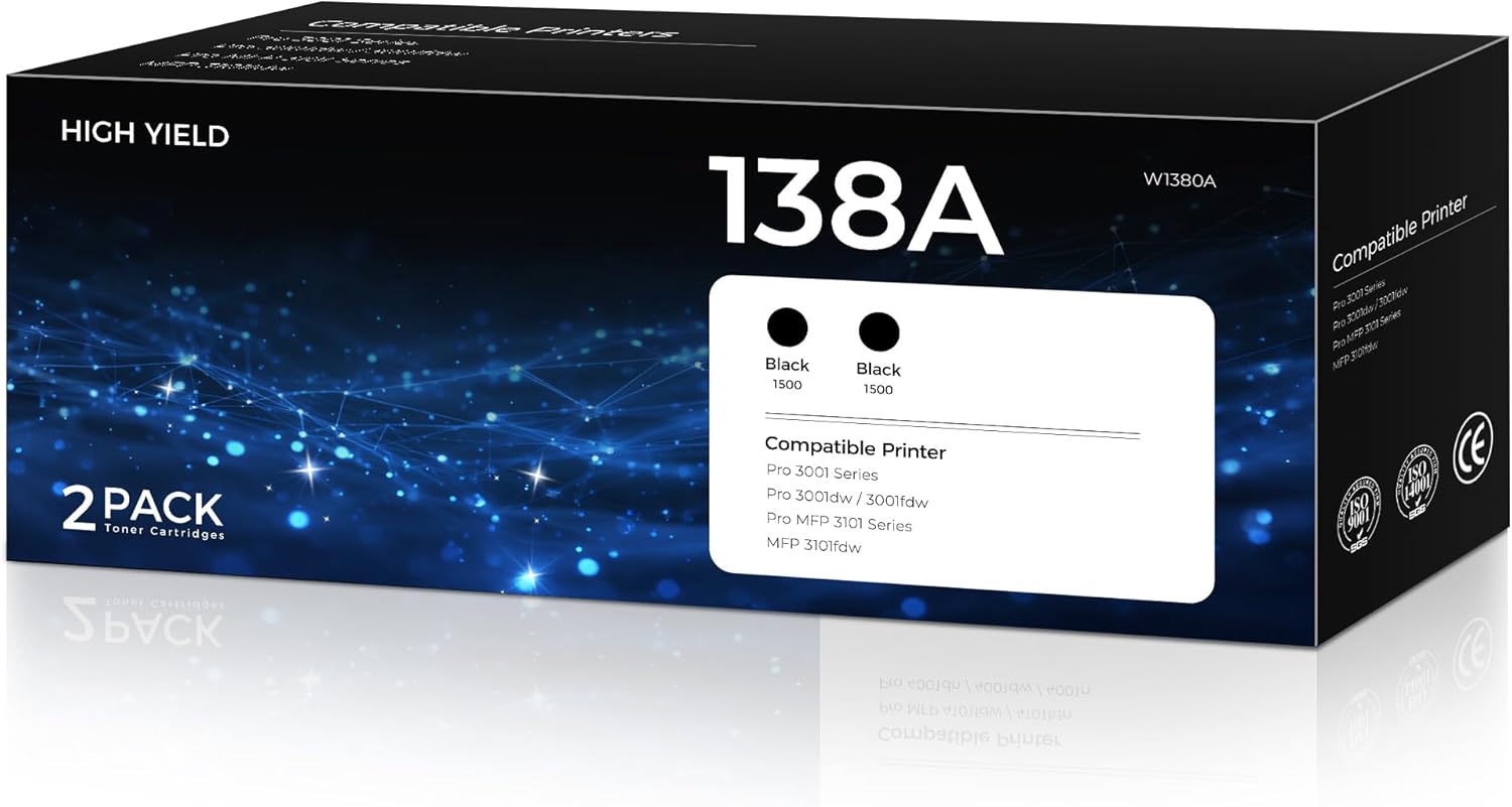 138A W1380A Toner Cartridge With Chip Replacement for HP 138A Black Laser jet Toner Cartridge W1380A 138X W1380X High Yield Ink for Laser Jet Pro 3001fdw 3001dw MFP 3101fdw Printer Toner (2 Black)