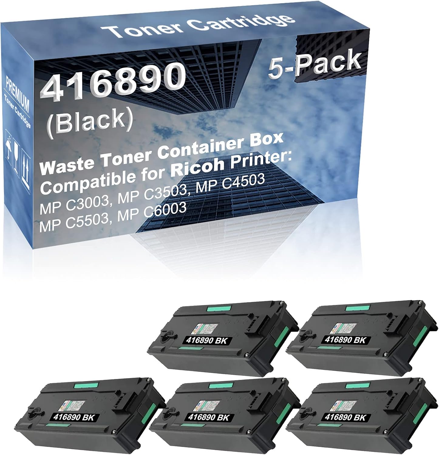 5-Pack Compatible High Capacity 416890 Waste Toner Container Box use for Ricoh MP C3003, MP C3503, MP C4503, MP C5503, MP C6003 Printer (Black)