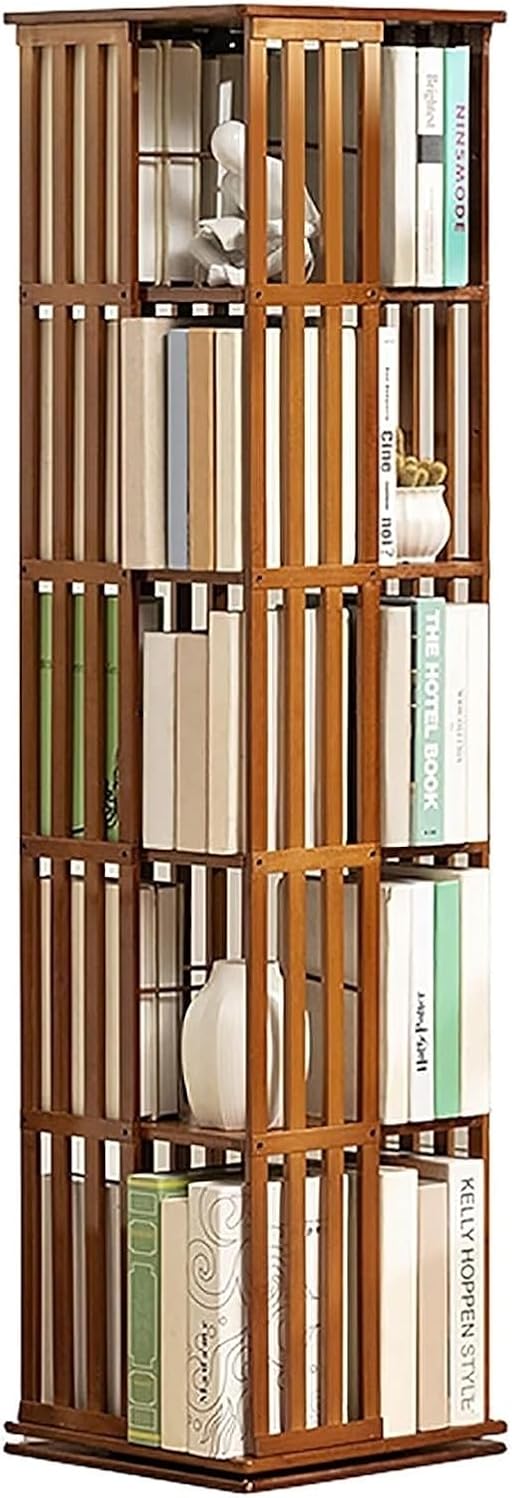 Aimery Rotating Bookshelf Tower，Bamboo Bookcase, 360° Rotating Student Bookshelf, Simple Magazine Display Storage Shelf (Color : Brown, Size : Five Tiers)