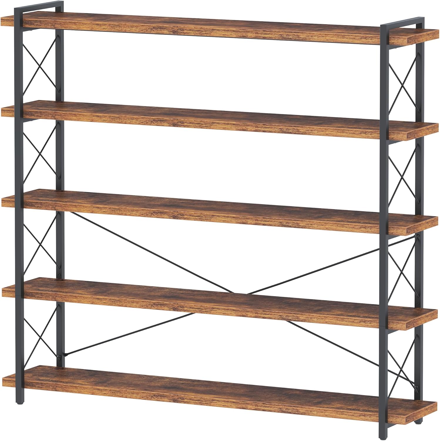 HCHQHS Large Bookshelf, 5-Tier Long Industrial Bookcase, Rustic Brown Book Shelf, Freestanding Horizontal Bookshelves with Metal Frame