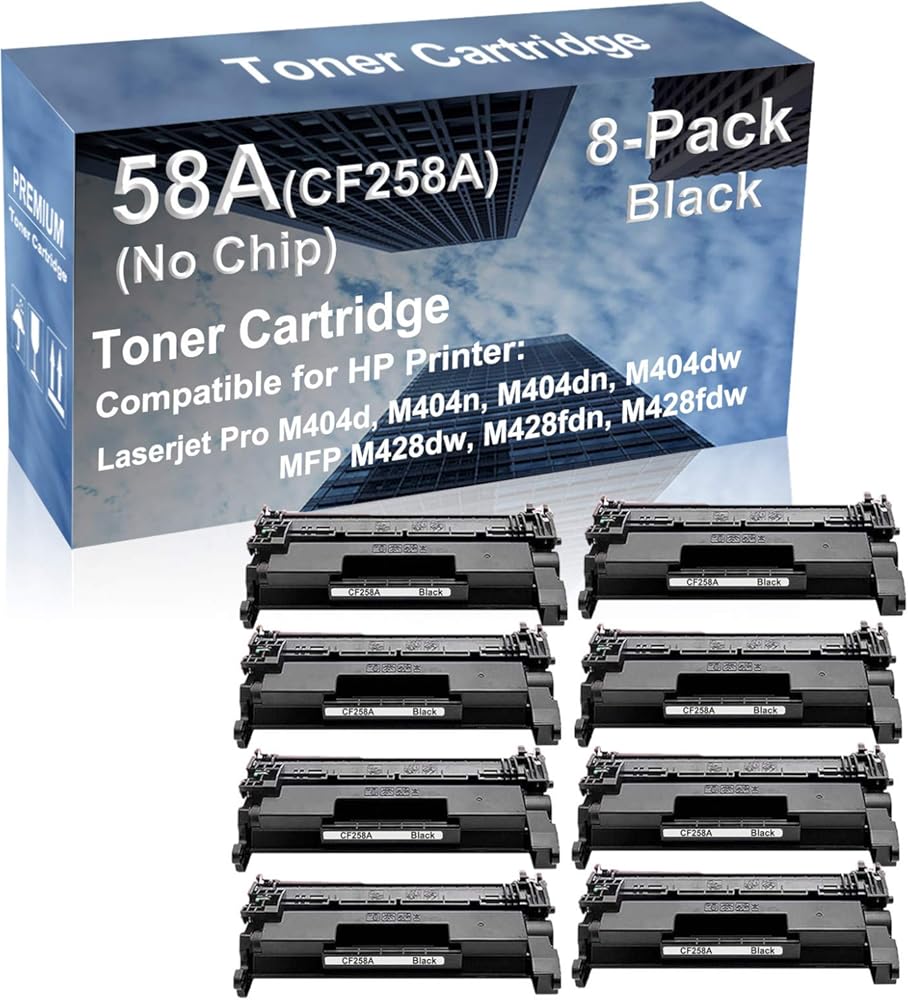 8-Pack Compatible High Yield M404dn, M404dw Printer Cartridge Replacement for (CF258A) 58A Toner Cartridge NO Chip (Black)
