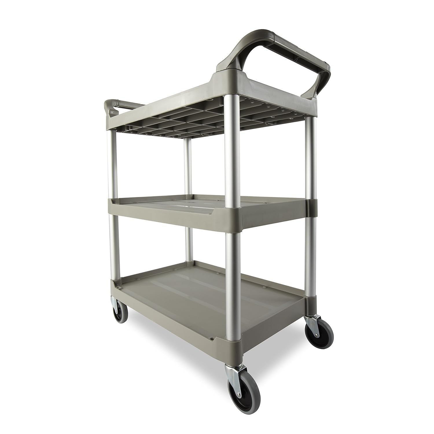 Rubbermaid Commercial Products Heavy Duty 3-Shelf Rolling Service/Utility/Push Cart, 200 lbs. Capacity, Platinum, for Foodservice/Restaurant/Cleaning/Warehouse/Garage