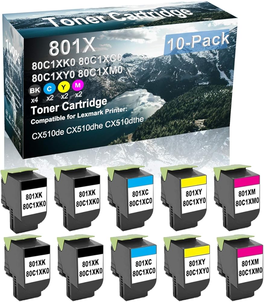 Credibility Store 10 Pack (BK+C+Y+M) Compatible High Capacity Printer Toner Cartridge Replacement for 801XK 80C1XK0 Printer Cartridge use for CX510de CX510dhe CX510dthe Printer