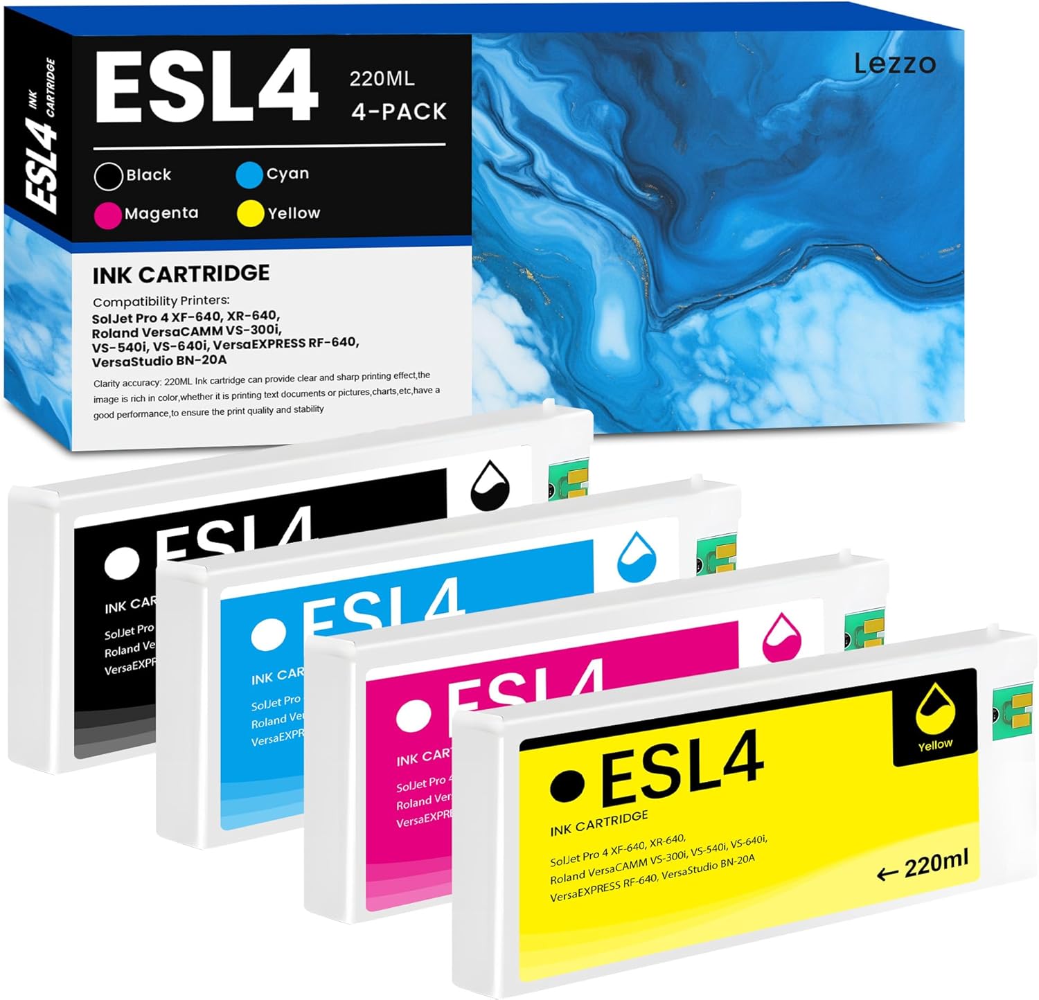 Lezzo ESL4 Ink Compatible for Roland ECO-SOL MAX 2 Ink Cartridge 220ml 4-Pack ESL4 Ink Cartridge ESL4-CY ESL4-MG ESL4-YE ESL4-BK Ink Cartridges (Black Cyan Magenta Yellow)
