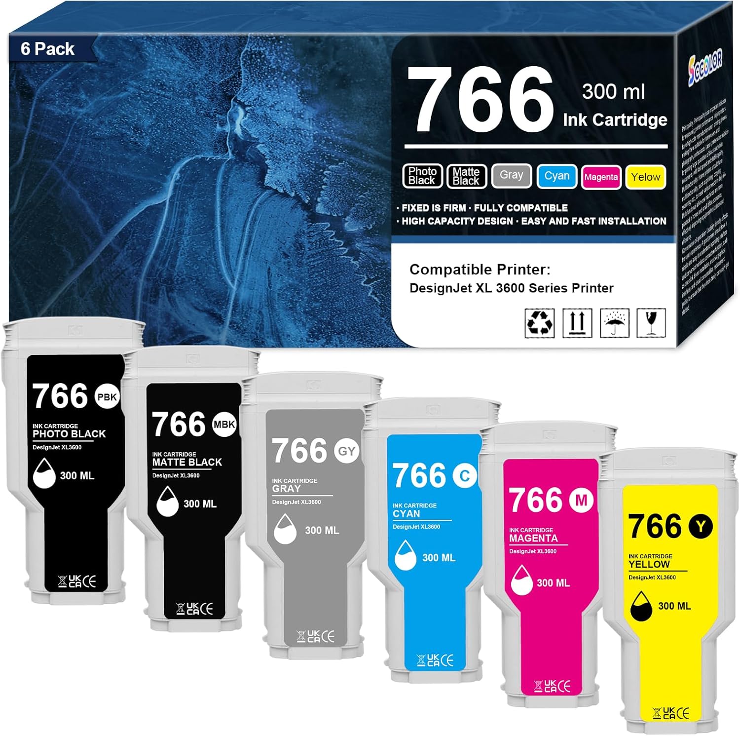 766 Ink Cartridge 300ML High Capacity Compatible for HP 766 3ED57A P2V89A P2V90A P2V91A P2V92A P2V93A P2V94A 3ED55A Ink Replacement for DesignJet XL3600 XL 3600 Series Printer,6-Pack MK/PB/G/C/M/Y