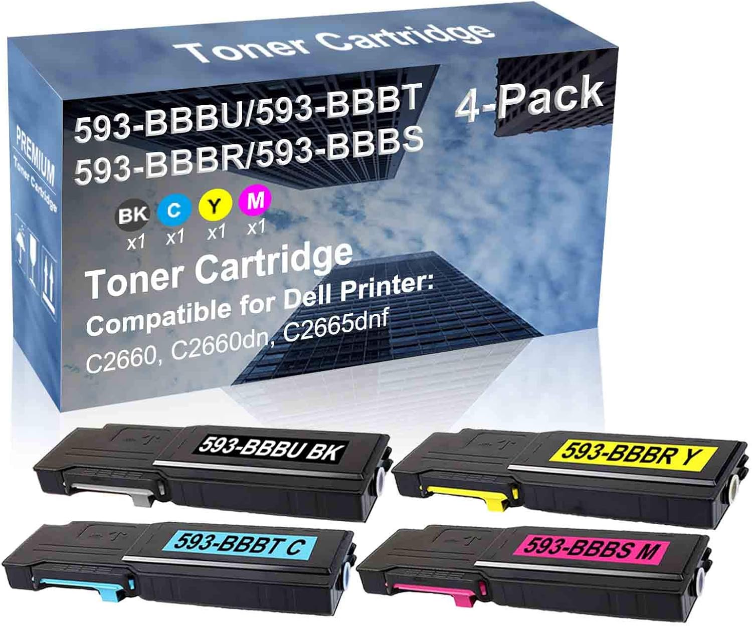 4-Pack (BK+C+Y+M) Compatible High Yield 593-BBBU+ 593-BBBT+ 593-BBBR+ 593-BBBS Laser Printer Toner Cartridge Used for Dell C2660, C2660dn, C2665dnf Printer