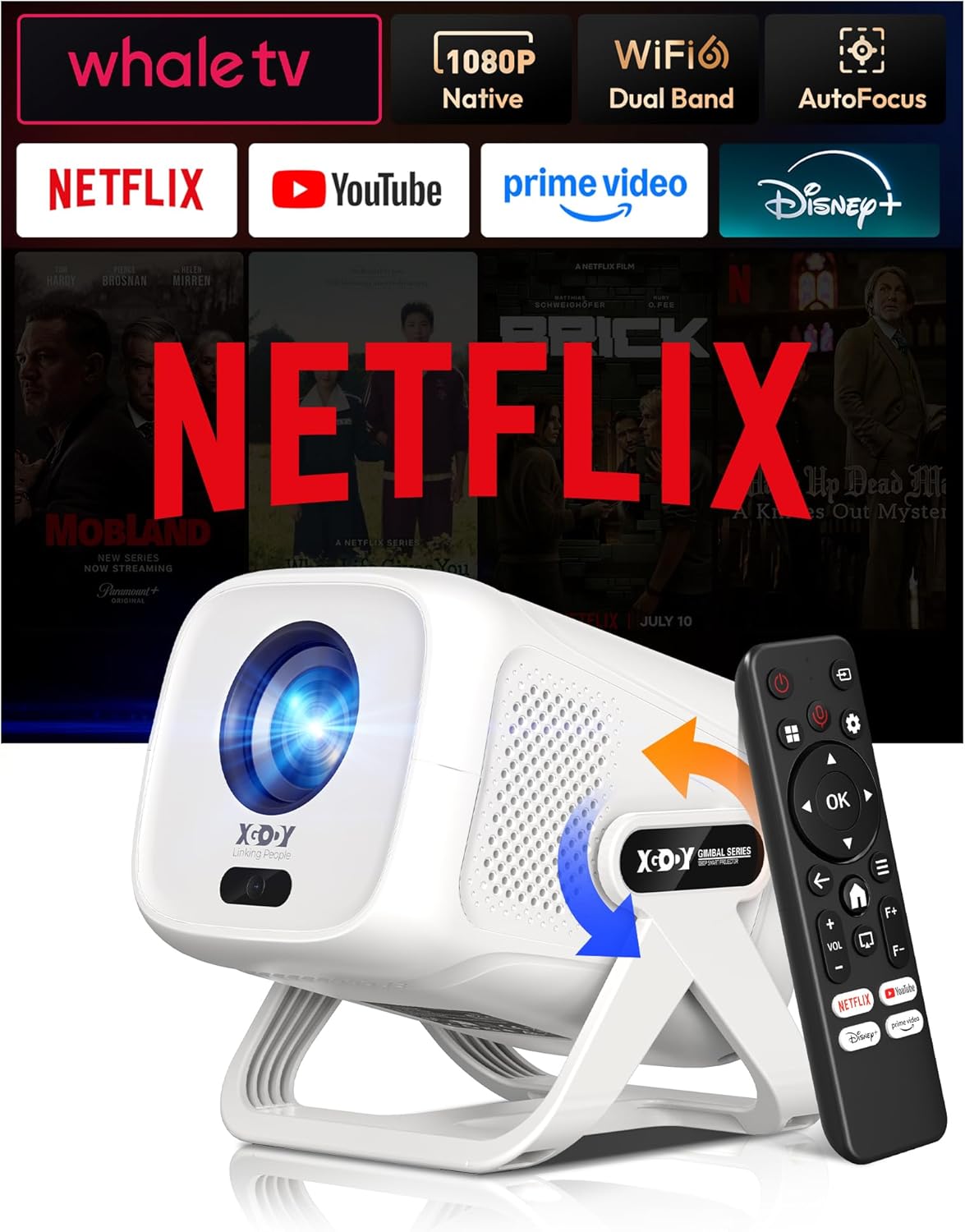 Compatible with Netflix & Auto Focus Keystone Smart Mini Projector with WiFi6 and Bluetooth, Portable Projector Native 1080P & Voice Controlled XGODY Gimbal N5, 4K Home Movie Projector for Bedroom