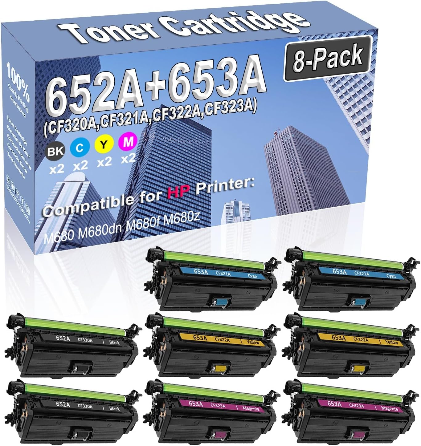 8-Pack (2BK/2C/2Y/2M) Compatible High Capacity 652A 653A (CF320A CF321A CF322A CF323A) Color Toner Cartridge use for HP M680 M680dn M680f M680z Printer