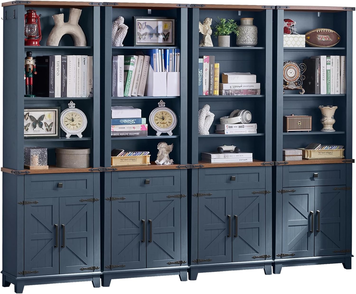 Joaxswe 72in Tall Bookshelf 7 Tier Bookcase with Drawer and Barn Doors and Adjustable Shelves, Blue Farmhouse Book Shelf with Storage Cabinet, Wood Freestanding Display Bookshelves for Kitchen (4PCS)