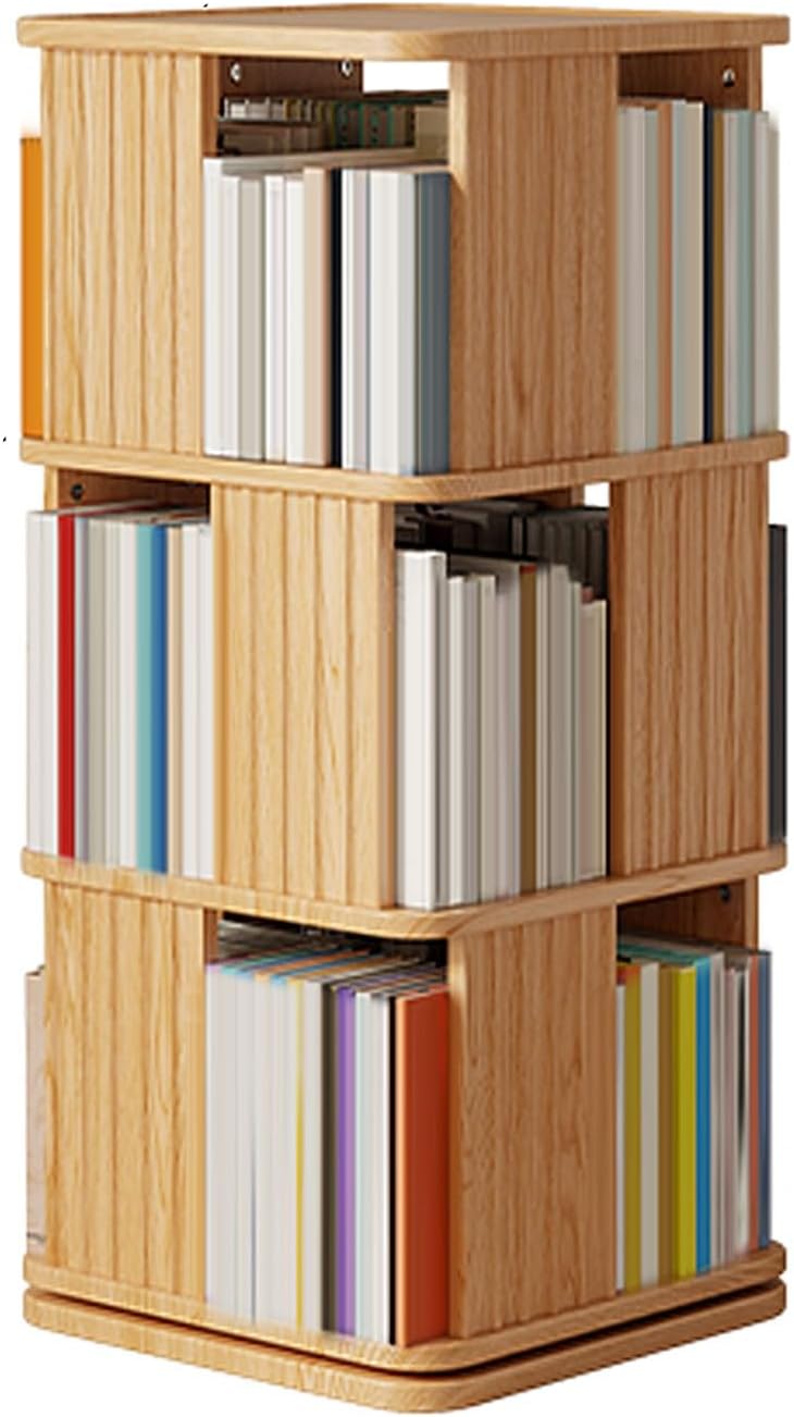 GAMAK Rotating Bookshelf 2-4 Tier Revolving Bookcase 360 Display Floor Standing Bookcase Storage Rack Wood Book Shelf Organizer for Bedroom Living Room Study Room (Color : Wood, Size : Three)