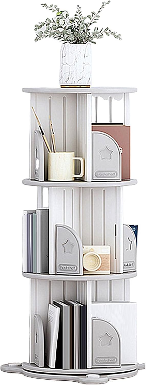 GAMAK Rotating Bookshelf 360 Display Revolving Bookcase 4 Tier Floor Standing Bookcase Corner Bookshelf for Small Spaces Kids Room, Bedroom, Living Room (Color : White, Size : Three)