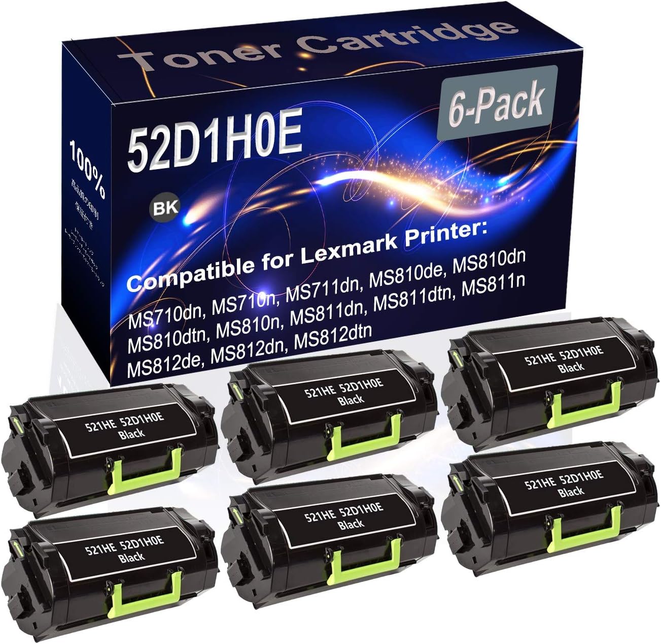 Kolasels 6-Pack (Black) Compatible High Yield 521HE 52D1H0E Printer Cartridge use for MS710dn MS710n MS711dn MS810de MS810dn MS810dtn Printer