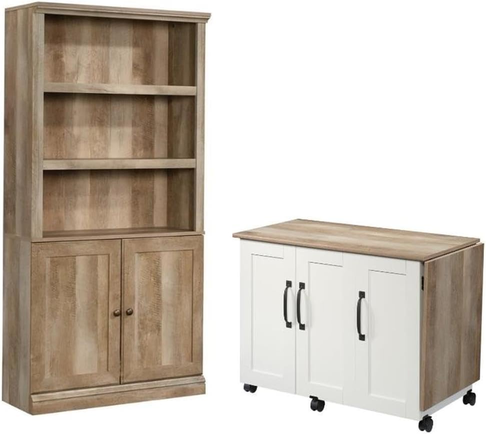 Home Square 2 Piece Mid Century Bookcase and Craft Table Set in Lintel Oak