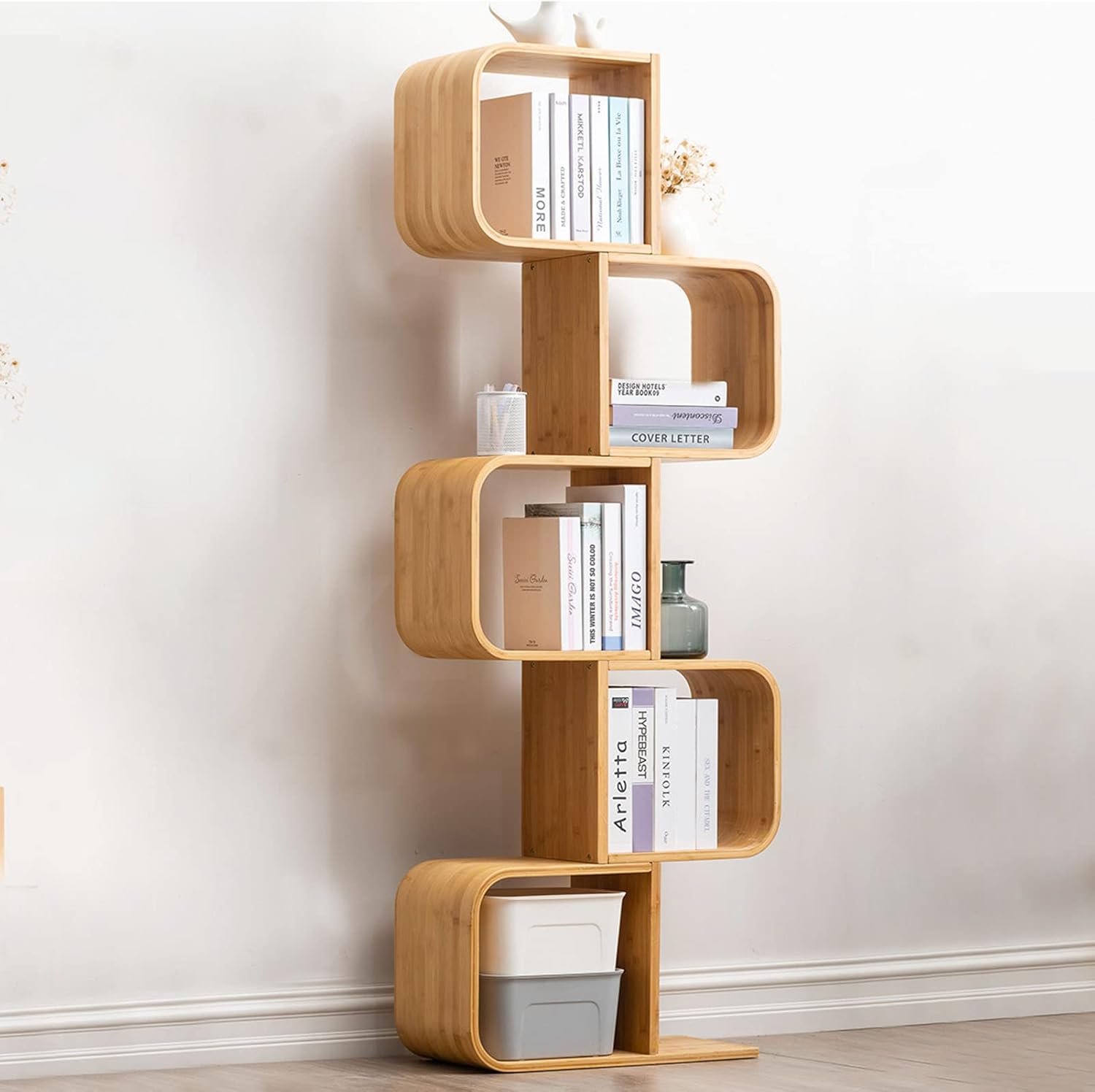 Yechiry S Shape Bookshelf, Large Space Modern Decorative Standing Bookcase Rack, Rounded Corners Fine Polishing Book Organizer Shelf for Living Room Bedroom Office (5 Tier)