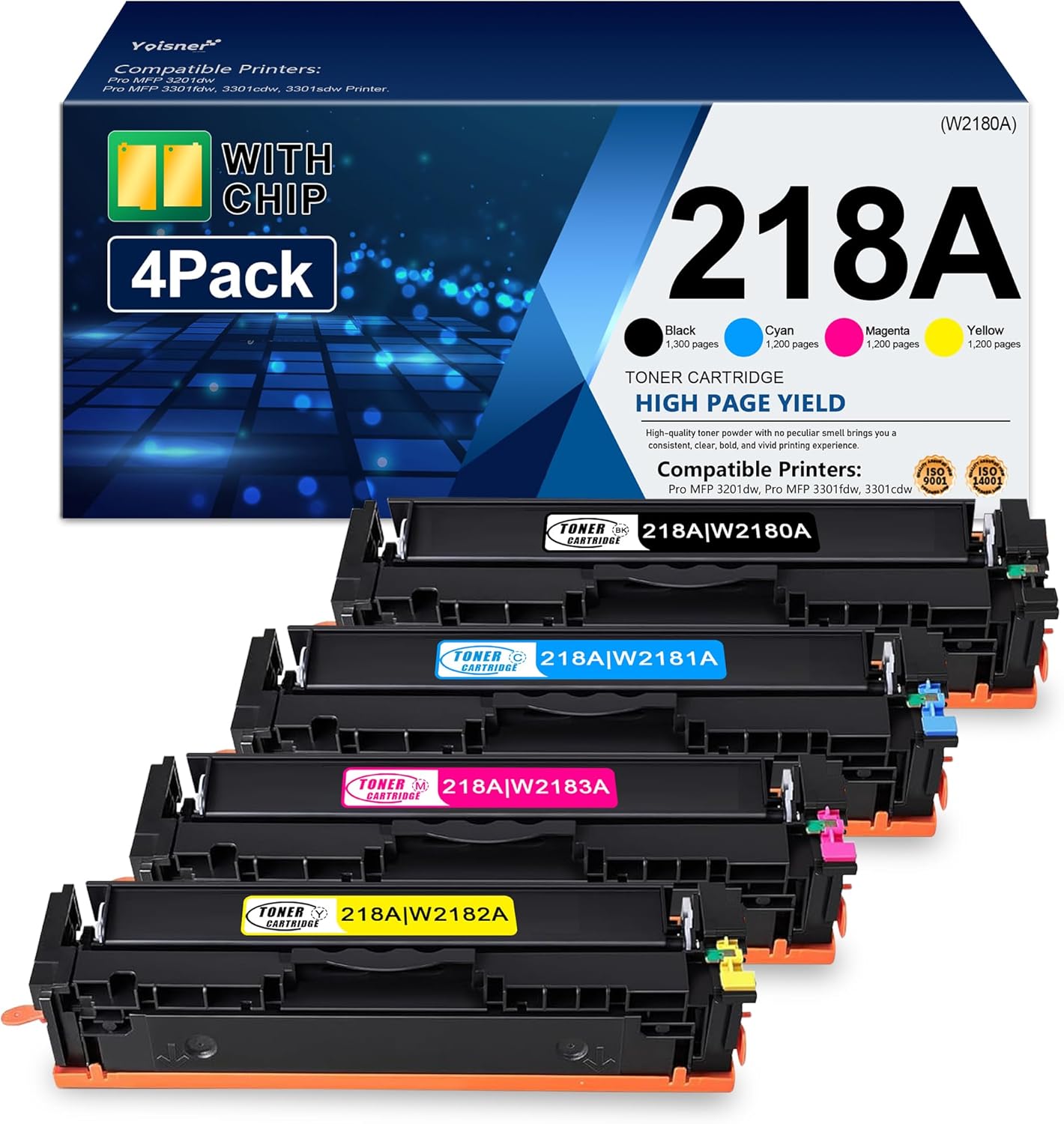 YOISNER 218X 218A High Yield Toner Cartridges 4 Pack 3301fdw with Chip Compatible Replacement for HP 218X 218A Color Pro MFP 3301cdw 3201dw 3301sdw Printer W2180X W2180A (Black Cyan Yellow Magenta)