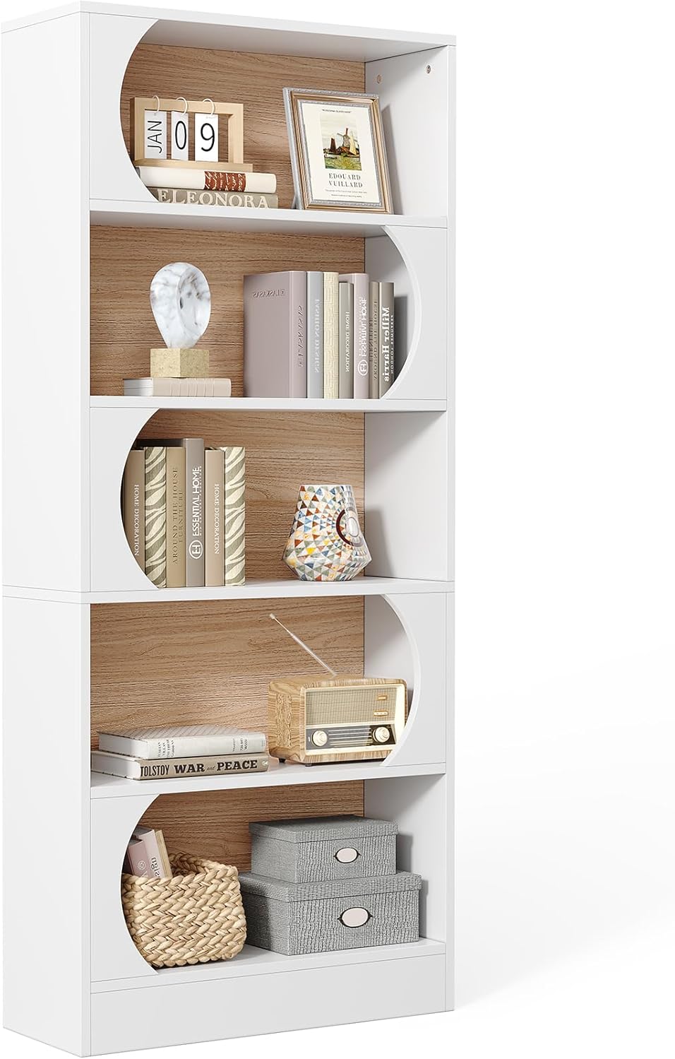 LITTLE TREE 70.8-Inch Modern Bookshelf, 5-Tier Freestanding Tall White Bookshelf, Large Open Bookcase with Storage, Large Book Shelf for Office, Home, or Classroom (White and Walnut)