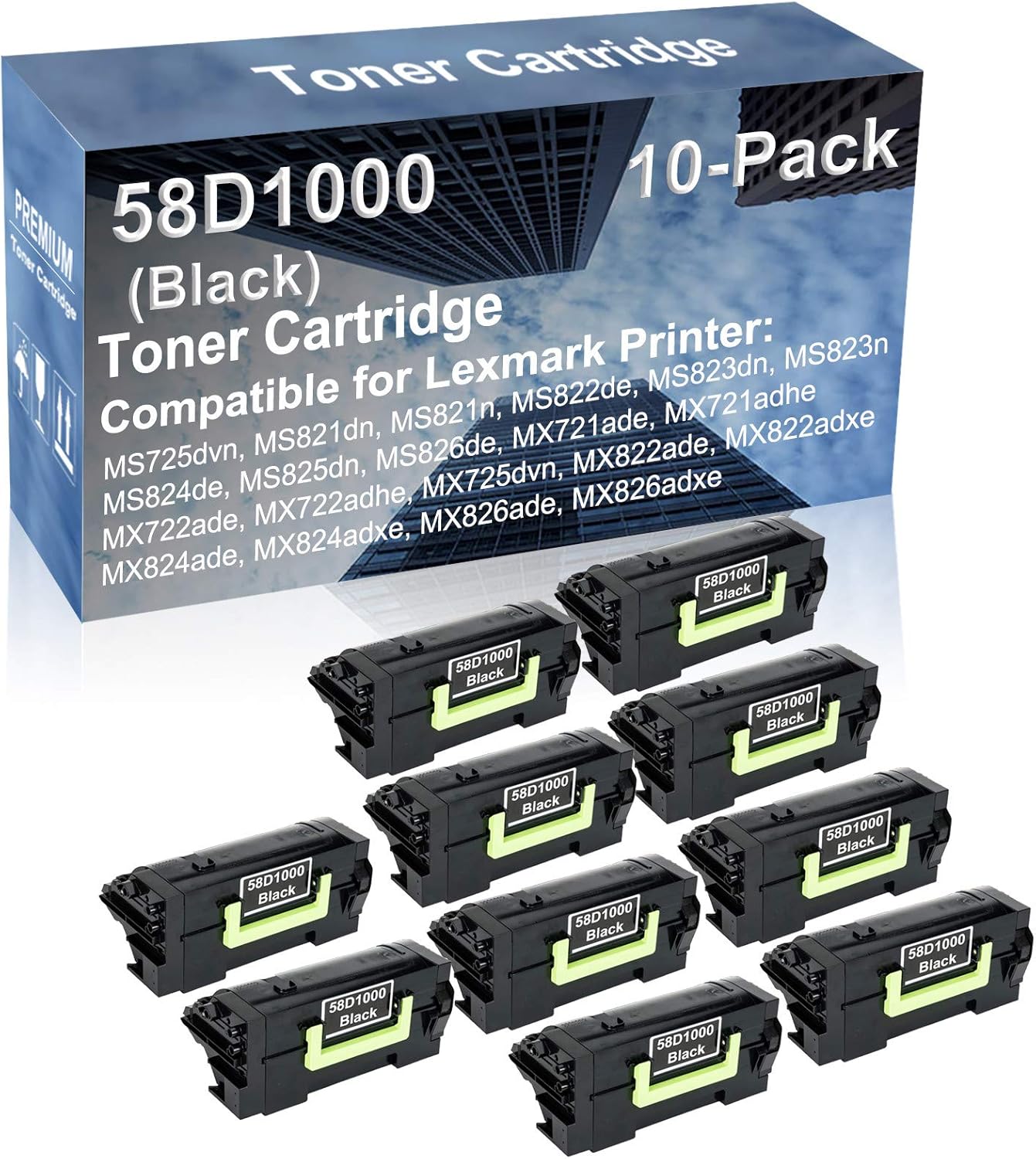 10-Pack Compatible High Capacity 58D1000 Printer Cartridge use for MS825dn, MS826de, MX721ade, MX721adhe, MX722ade, MX722adhe, MX725dvn Printer (Black)