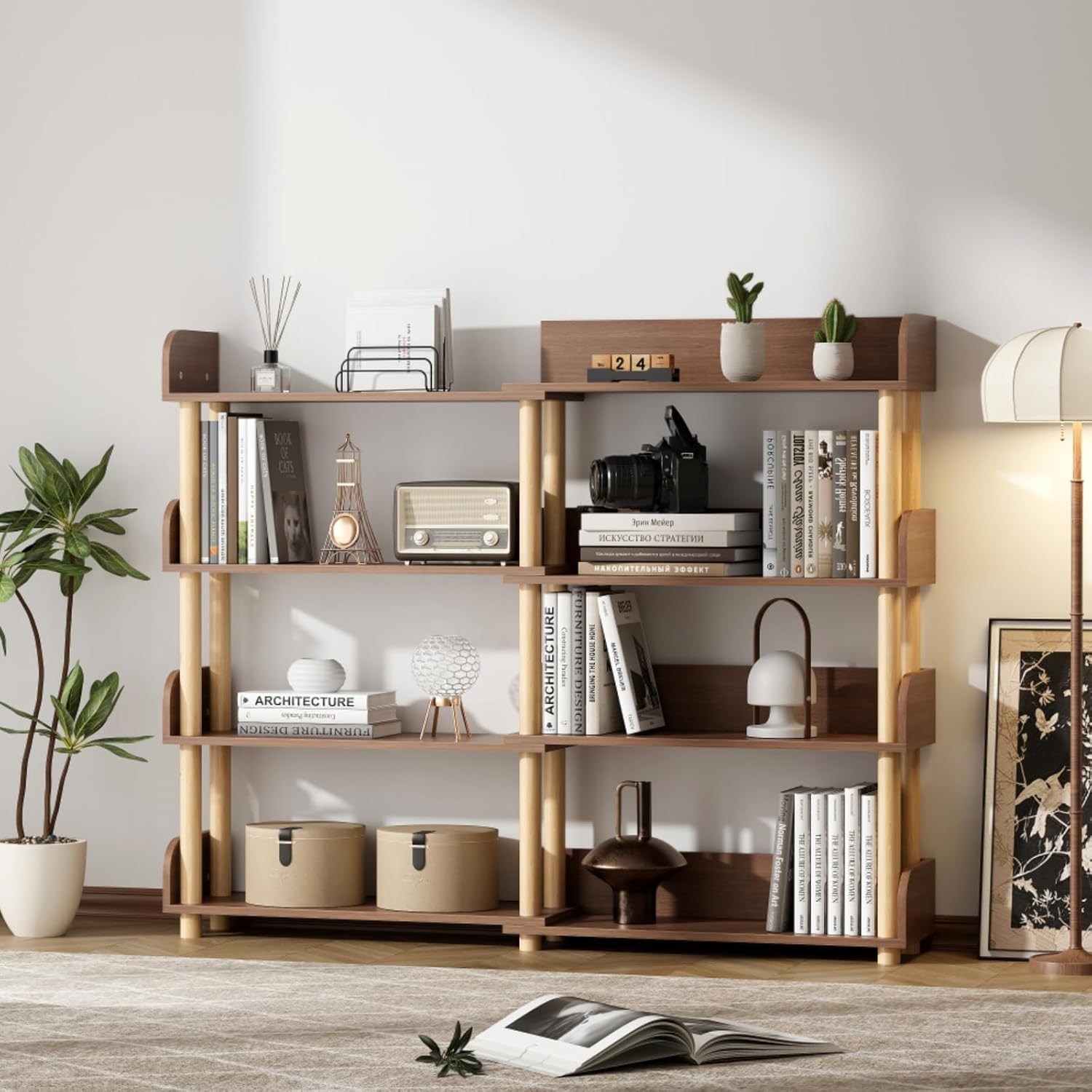 4 Tier Retractable & Rotatable Bookcases, Wooden Corner Book Shelf, Storage Rack for CDs/Movies/Books, Rustic Brown Bookcase, Utility Organizer Shelves for Living Room Home Office