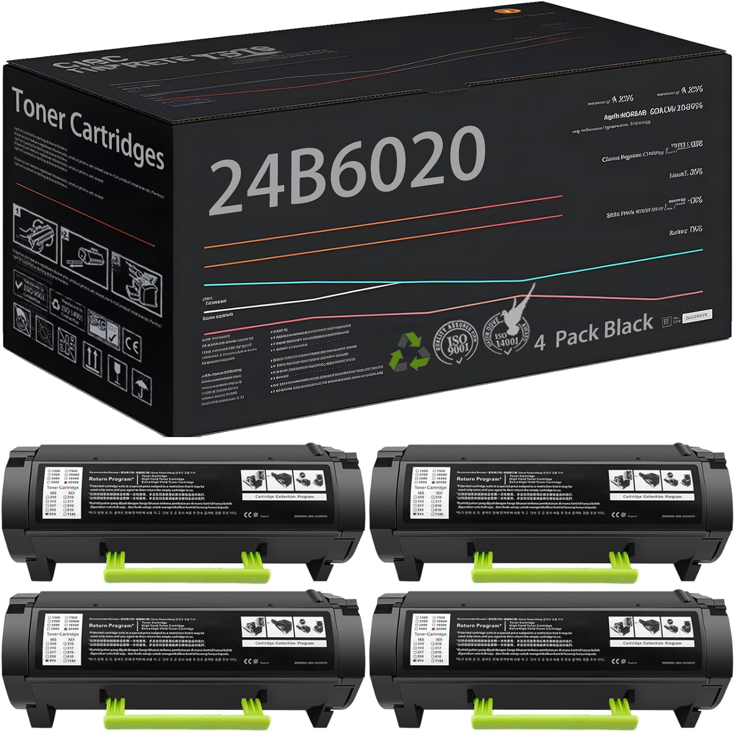Compatible with Lexmark XM7155 XM7155X XM7163 XM7163X XM7170 XM7170X XM7263 Black Toner Cartridges, 24B6020 Toner Supply High Yield 36000 Pages (4 Pack Black)