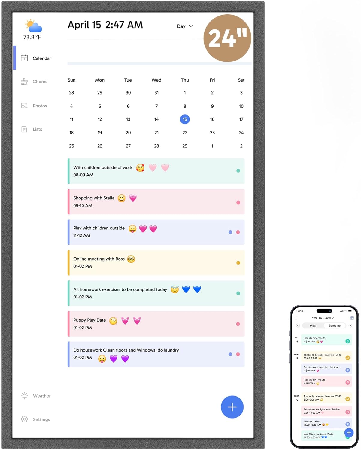 24 inch Digital Calendar Chore Chart – Interactive Touchscreen，Hearth Display Desk Digital Calendar Seamless Scheduling Black