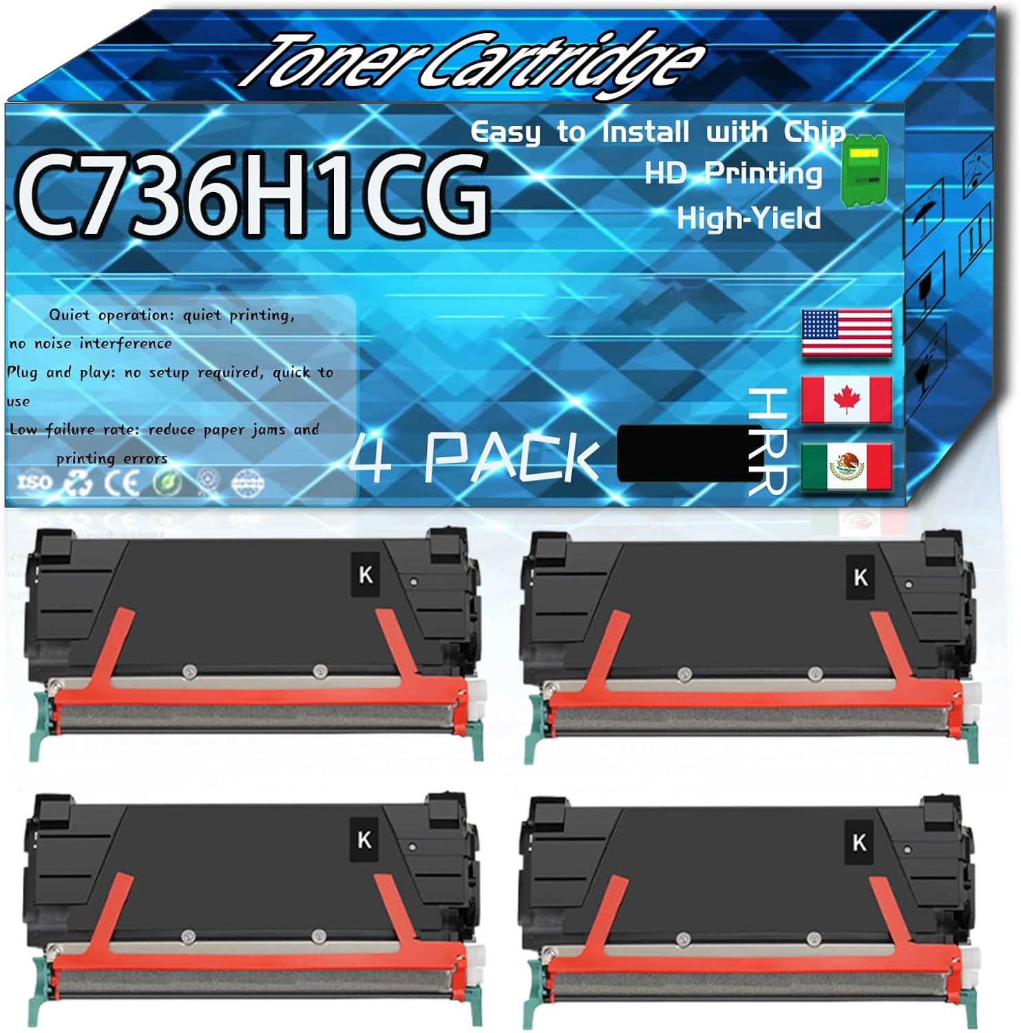 Compatible for Lexmark C736H1CG Replacement Toner Cartridge Used with C736DN C736DTN C736N X734DE Printers, High Production Multiple Options (4 Pack Black)